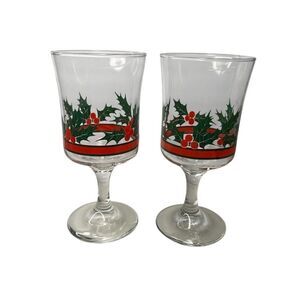 Libbey Glass Holly & Berries Flared Water Goblets Retro Barware Christmas (2)